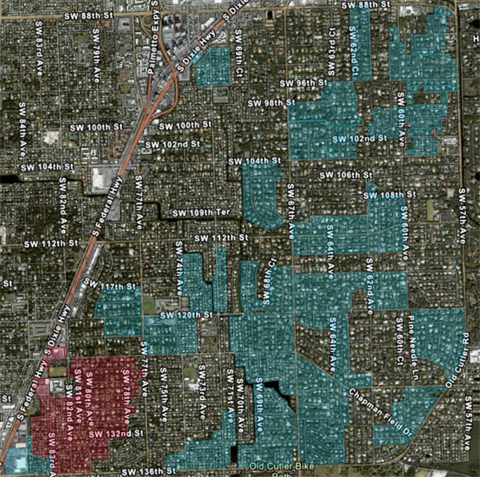 Black-background map showing the limits of the FPL underground project completed areas and current in-design areas