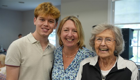 June Keedy 100 with daughter and nephew