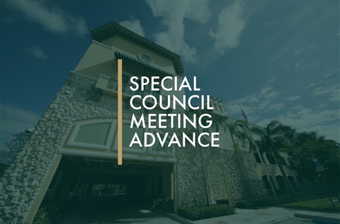 Background of Village Hall photo with text upfront that reads: Special Council Meeting Advance
